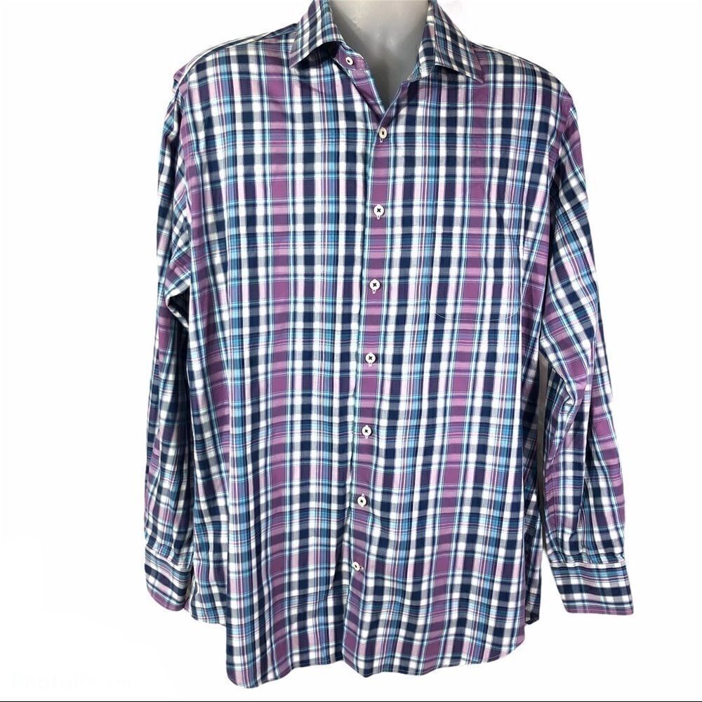 Peter Millar button up dress shirt plaid cotton L